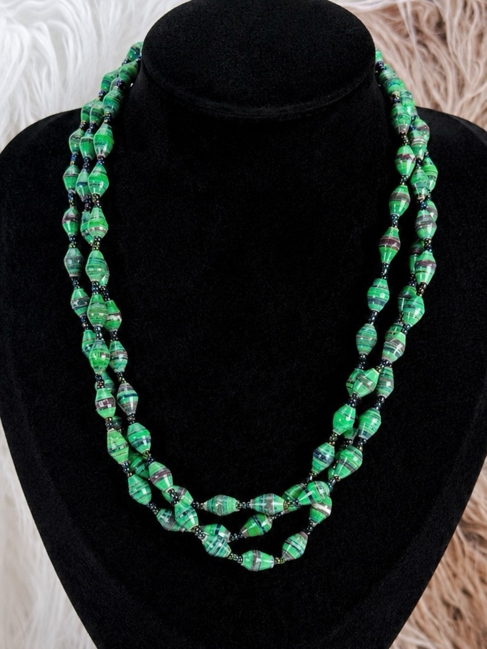 Vintage African Paper Bead Necklace Green Handmade Double Strand